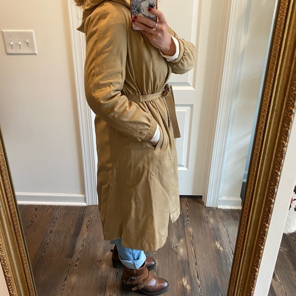 Vintage tan faux fur trim button up cinched waist Hooded coat Cotton - Picture 5 of 8